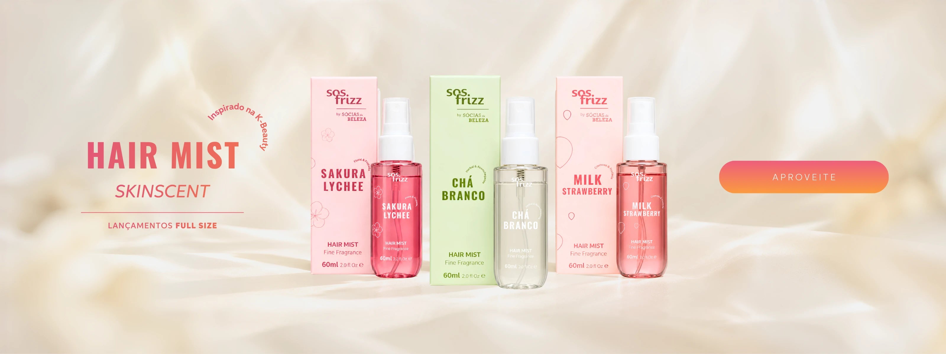 Hair Mist Skinscent SOS Frizz 60 ml — Sakura Lychee, Chá Branco e Milk Strawberry